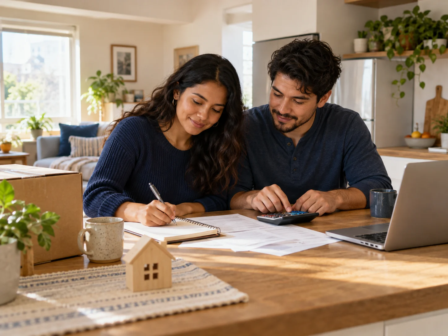 A couple planning their first-home budget with a notebook and calculator