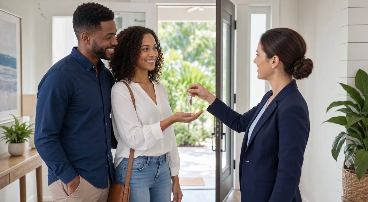 Homebuyers receiving their new house keys at closing